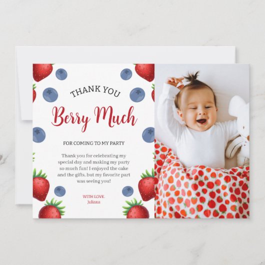 ストロベリーアンドブルーベリーガール誕生日パーティー写真 サンキューカード (正面)