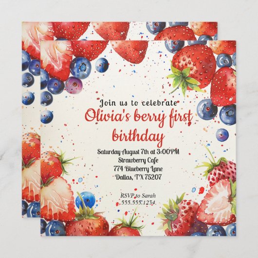 ストロベリーアンドブルーベリーファースト誕生日 招待状 (正面/裏面)
