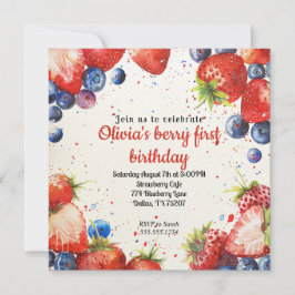 ストロベリーアンドブルーベリーファースト誕生日 招待状