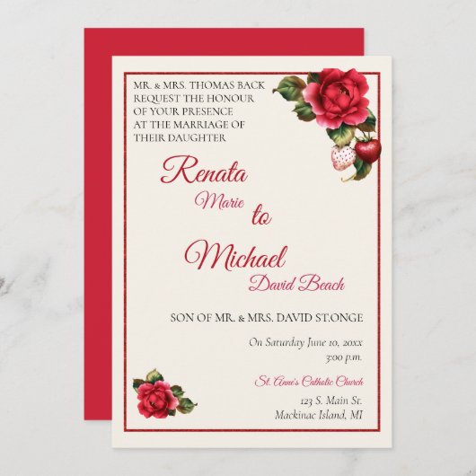 ストロベリーアンドレッドローズ結婚式招待状 招待状 (正面/裏面)