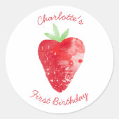 ストロベリーウォーターパーソナライズされたカラー第1誕生日 ラウンドシール (正面)