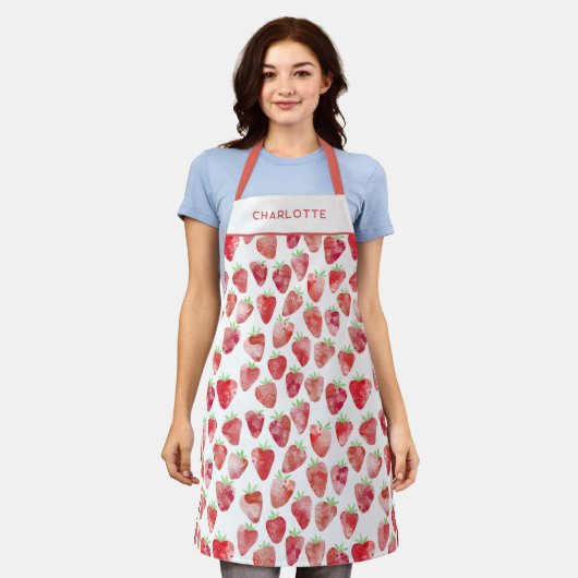 ストロベリーウォーターパーソナライズされたカラー エプロン (着用した状態)