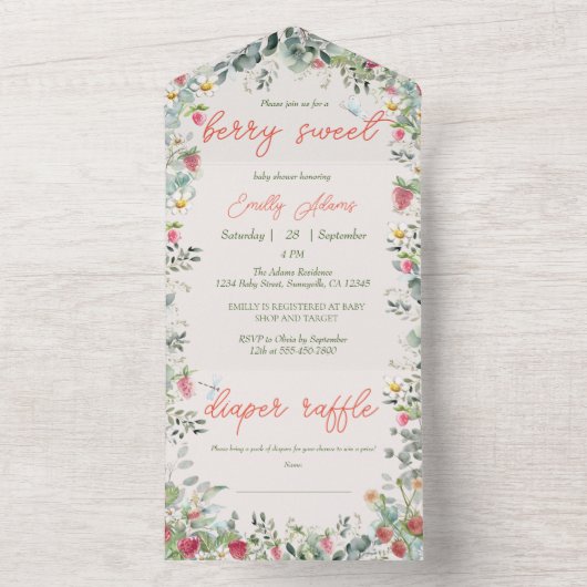 ストロベリーウォーター男女兼用カラーベビーシャワー オールインワン招待状 (内側)