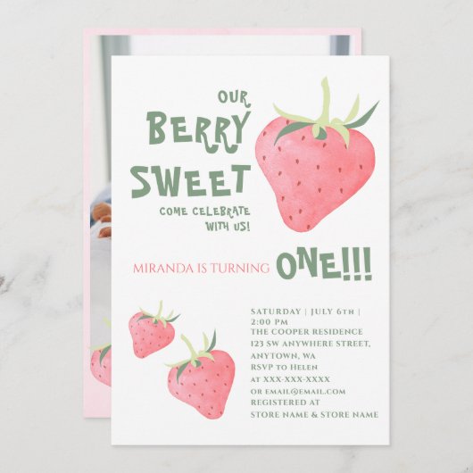 ストロベリーウベリースウィートファースト誕生日 招待状 (正面/裏面)