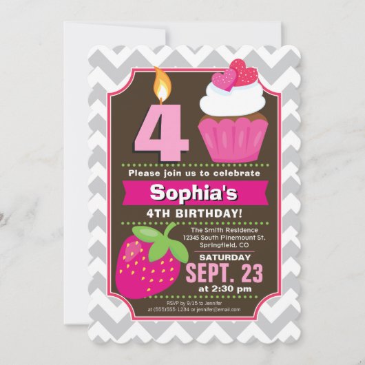 ストロベリーカップケーキガール誕生日招待状 招待状 (正面)
