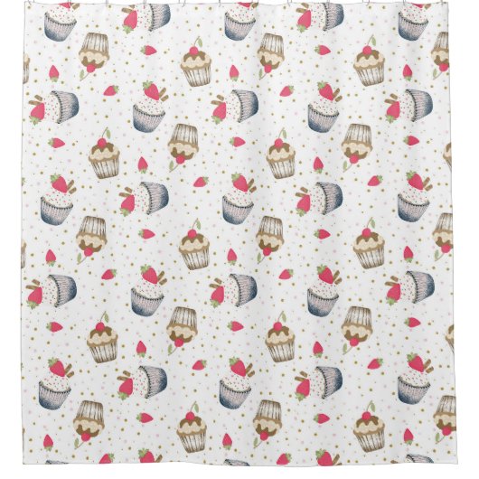 ストロベリーカップケーキシャワーカーテン – かわいいピンクのドレス シャワーカーテン (正面)