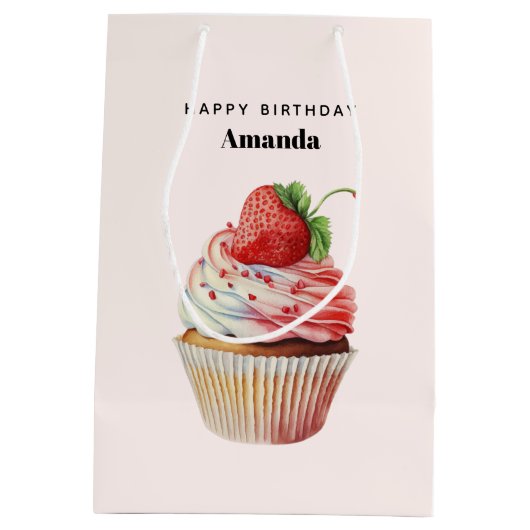 ストロベリーカップケーキスイートデザート誕生日 ミディアムペーパーバッグ (裏面)