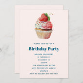 ストロベリーカップケーキスイートデザート誕生日 招待状 (正面/裏面)