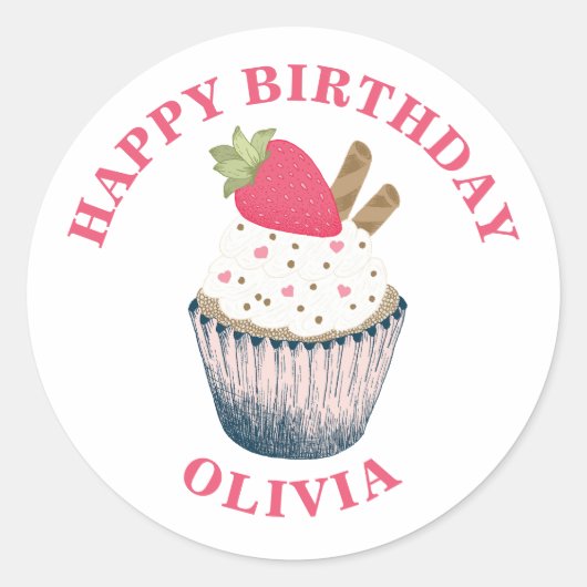 ストロベリーカップケーキステッカー – ピンクのハートの散水 ラウンドシール (正面)