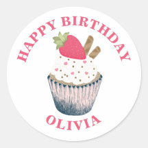 ストロベリーカップケーキステッカー – ピンクのハートの散水