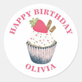 ストロベリーカップケーキステッカー – ピンクのハートの散水 ラウンドシール