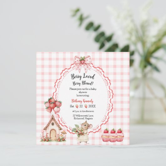 ストロベリーカップケーキマウスベビーシャワー招待状 招待状 (スタンド正面)