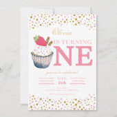 ストロベリーカップケーキ1st誕生日招待状- Sweet 招待状 (正面)