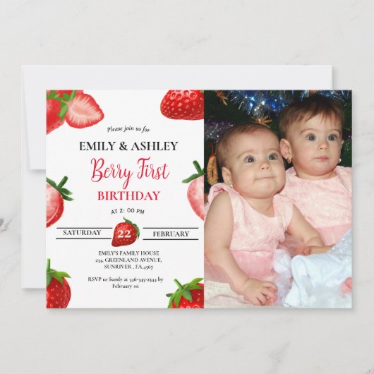 ストロベリーガールツインファースト誕生日| Berry Sweet 招待状 (正面)
