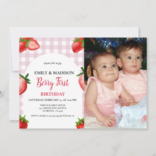 ストロベリーガールファースト誕生日| Berry Sweet 招待状 (正面)