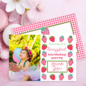 ストロベリーガールフォトベリーファースト誕生日パーティー サンキューカード