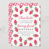 ストロベリーガールベリーファースト誕生日パーティモダンー 招待状 (正面/裏面)