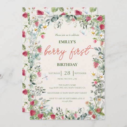 ストロベリーガールベリーファースト誕生日 招待状 (正面/裏面)