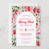 ストロベリーガールベリー1st誕生日ピンク写真 招待状 (正面)