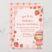 ストロベリーガール誕生日招待状 | ピンク 招待状 (正面/裏面)