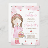 ストロベリーガール誕生日招待状 招待状 (正面/裏面)