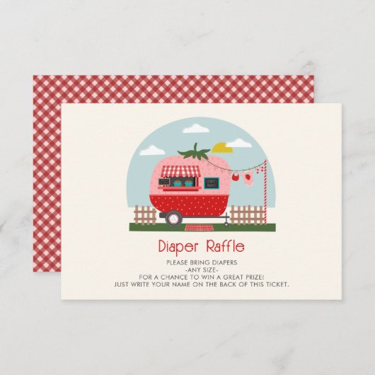 ストロベリーギンガムベリーベビーシャワーおむつラッフル エンクロージャーカード (正面/裏面)