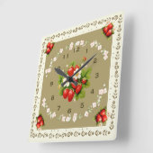 ストロベリークロックローデングリーン背景正方形 スクエア壁時計 (傾斜)