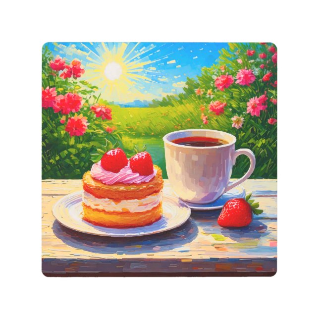 ストロベリーケーキとコーヒーディライト メタルプリント (正面)