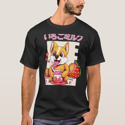 ストロベリーコーギーミルクシェイク 90年代日本オタク美学 Tシャツ (正面)