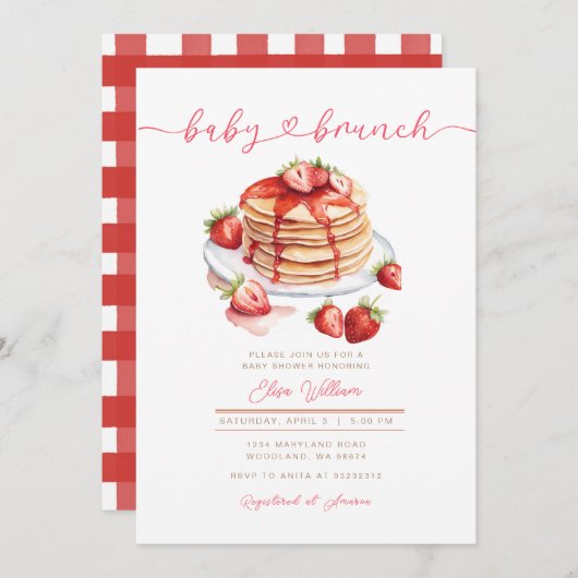 ストロベリーサマーパンケーキベビーブランチ赤ちゃんシャワー 招待状 (正面/裏面)