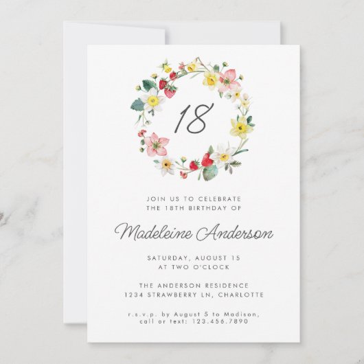 ストロベリーサマーフラワーリース18誕生日 招待状 (正面)