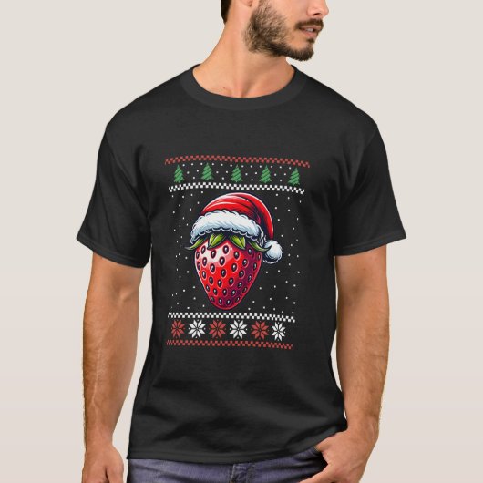 ストロベリーサンタハット醜いクリスマスクリスマスフルーツ Tシャツ (正面)