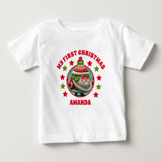 ストロベリーサンタマイ初めてのクリスマス名 ベビーTシャツ (正面)