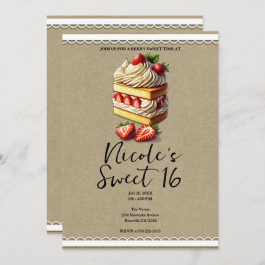 ストロベリーショートケーキのスライス甘い16誕生日 招待状 (正面/裏面)