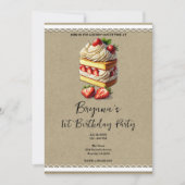 ストロベリーショートケーキのスライス1st 1誕生日パーティー 招待状 (正面)