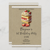 ストロベリーショートケーキのスライス1st 1誕生日パーティー 招待状 (正面/裏面)