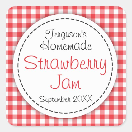 ストロベリージャムの瓶の食品ラベル スクエアシール (正面)