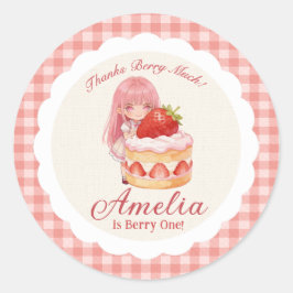 ストロベリースイートウォーターカラーの女の子1歳の誕生日 ラウンドシール