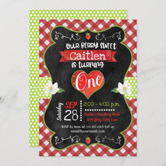 ストロベリースイートシャルボードガールファースト誕生日 招待状 (正面/裏面)