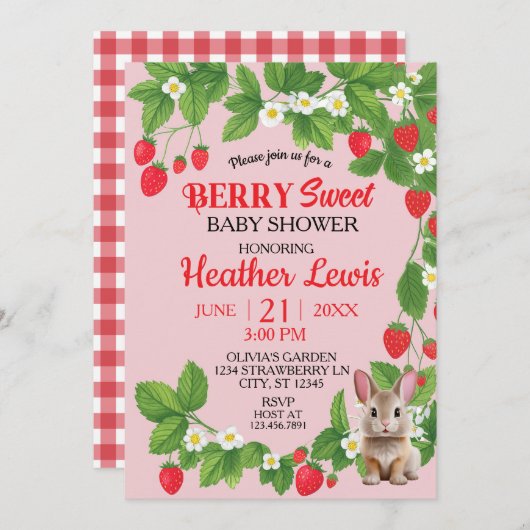 ストロベリースイートバニーベビーシャワー（赤とピンク） 招待状 (正面/裏面)