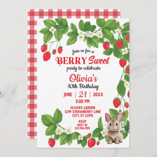 ストロベリースイートバニー誕生日(赤と白) 招待状 (正面/裏面)