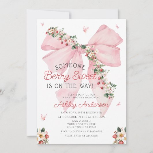 ストロベリースイートピンクボウ女の子ベビーシャワー 招待状 (正面)