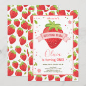 ストロベリースイートピンクレッドファースト誕生日 招待状 (正面/裏面)