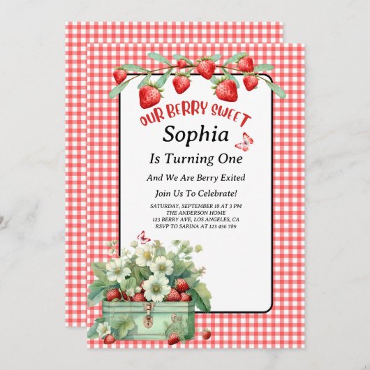 ストロベリースイートファースト誕生日パーティー 招待状 (正面/裏面)