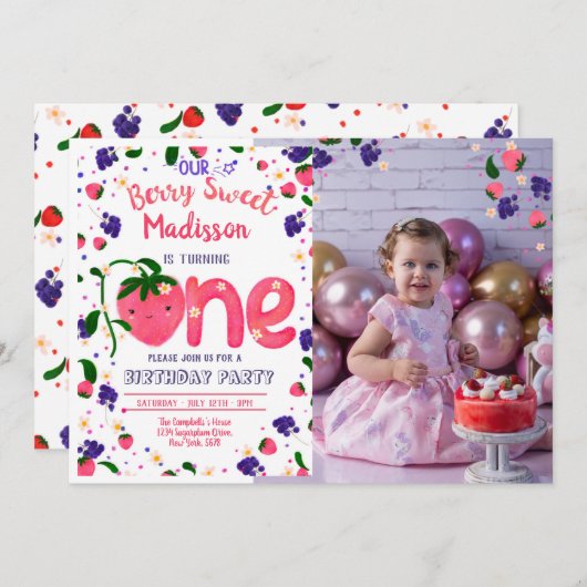 ストロベリースイートファースト誕生日招待状 招待状 (正面/裏面)