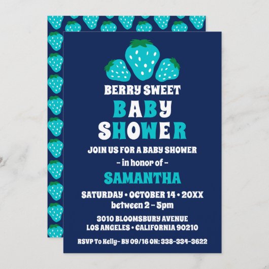 ストロベリースイートブルーボーイベビーシャワー 招待状 (正面/裏面)