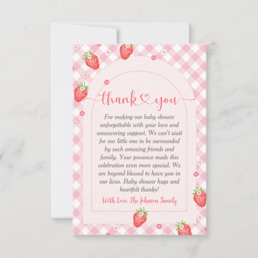 ストロベリースイートベビーガールベビーシャワー サンキューカード (正面)
