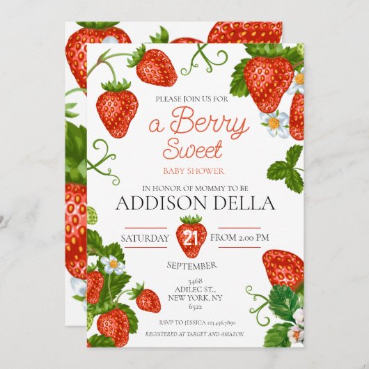 ストロベリースイートベビーシャワー 招待状 (正面/裏面)