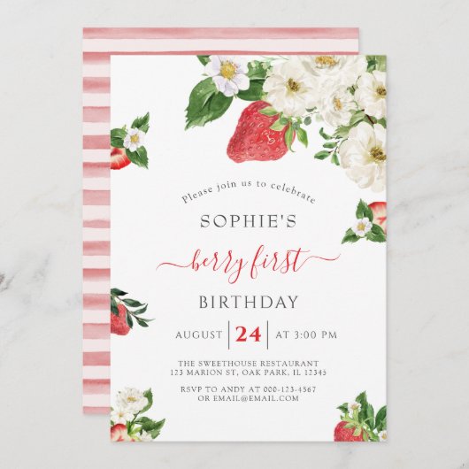 ストロベリースイートベリーファースト誕生日 招待状 (正面/裏面)