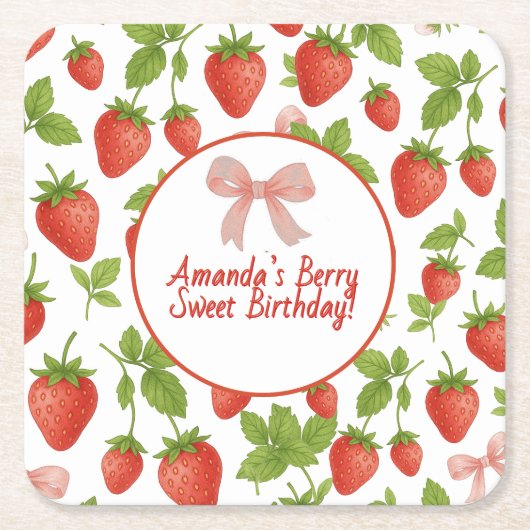 ストロベリースイート子供の誕生日パーティー- スクエアペーパーコースター (正面)